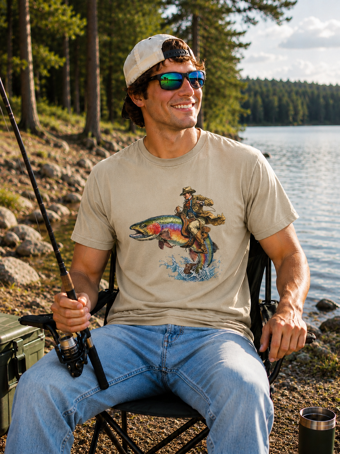 Vintage Cowboy Riding Trout Funny Western Fishing T-Shirt
