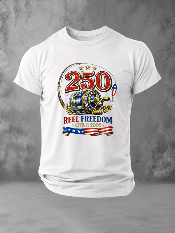 Patriotic Fishing Reel Freedom and 250 Years Fishing T-Shirt