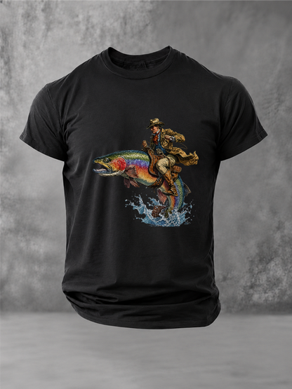 Vintage Cowboy Riding Trout Funny Western Fishing T-Shirt