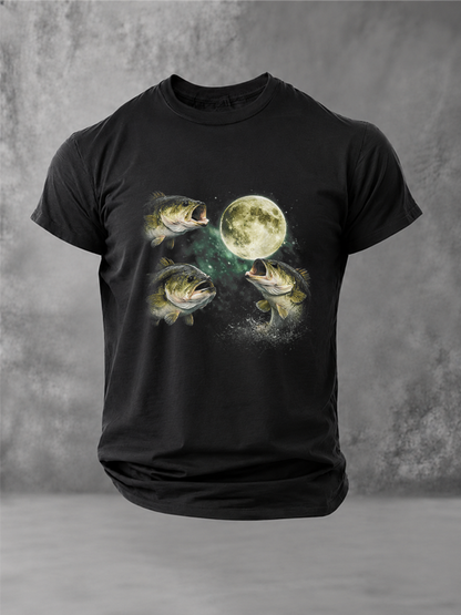 Bass Fish Howling to The Moon Vintage Angler Fisherman T-Shirt