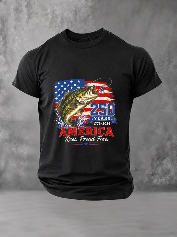 Retro Bass Fish 250 Years Reel Proud America T-Shirt