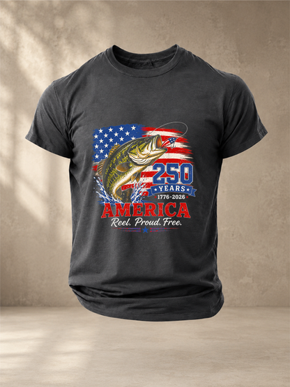 Retro Bass Fish 250 Years Reel Proud America T-Shirt