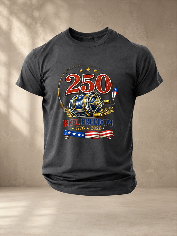 Patriotic Fishing Reel Freedom and 250 Years Fishing T-Shirt