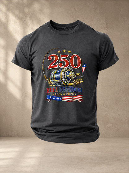 Patriotic Fishing Reel Freedom and 250 Years Fishing T-Shirt
