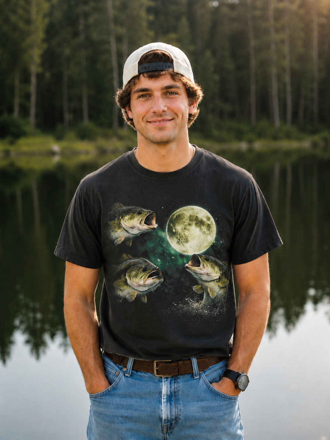 Bass Fish Howling to The Moon Vintage Angler Fisherman T-Shirt