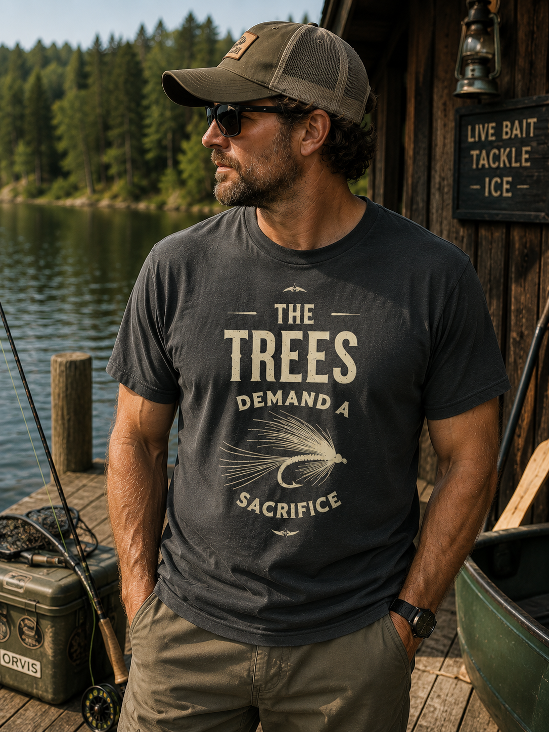 T-Shirt — “The Trees Demand a Sacrifice” Vintage Fly Fishing Graphic Tee
