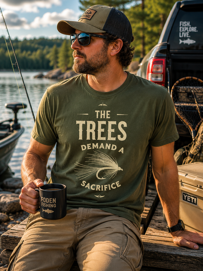 T-Shirt — “The Trees Demand a Sacrifice” Vintage Fly Fishing Graphic Tee