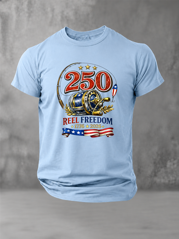 Patriotic Fishing Reel Freedom and 250 Years Fishing T-Shirt