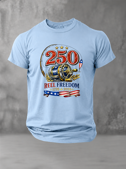 Patriotic Fishing Reel Freedom and 250 Years Fishing T-Shirt