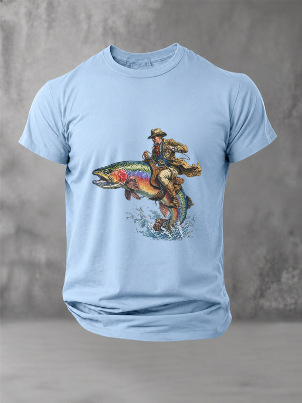 Vintage Cowboy Riding Trout Funny Western Fishing T-Shirt