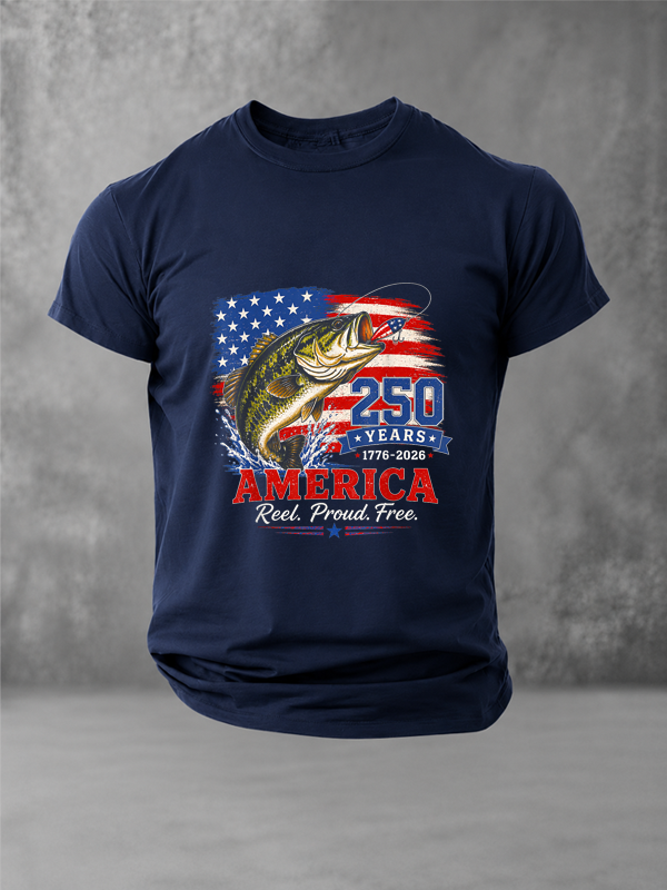 Retro Bass Fish 250 Years Reel Proud America T-Shirt