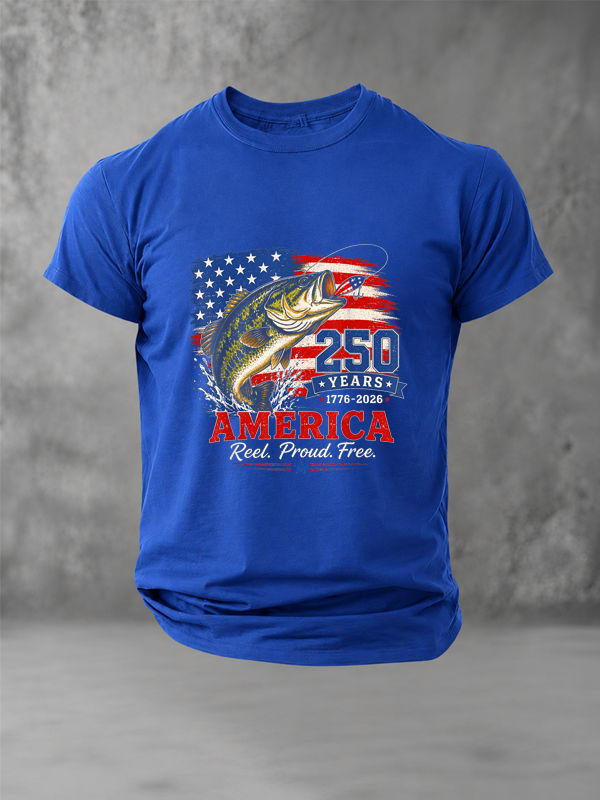 Retro Bass Fish 250 Years Reel Proud America T-Shirt