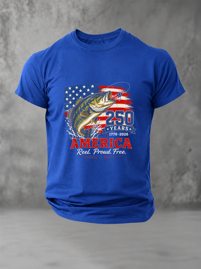 Retro Bass Fish 250 Years Reel Proud America T-Shirt