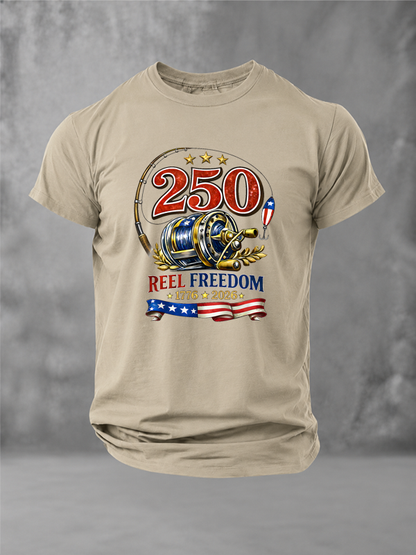 Patriotic Fishing Reel Freedom and 250 Years Fishing T-Shirt