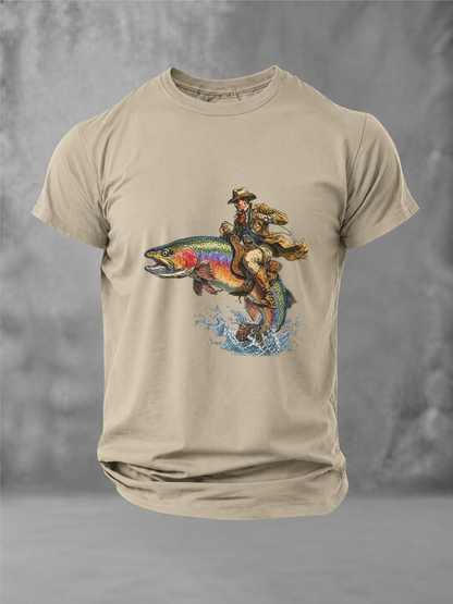 Vintage Cowboy Riding Trout Funny Western Fishing T-Shirt