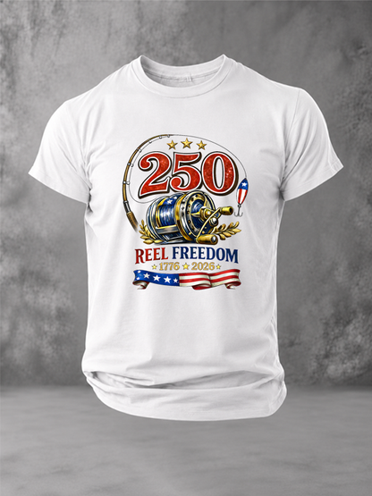 Patriotic Fishing Reel Freedom and 250 Years Fishing T-Shirt