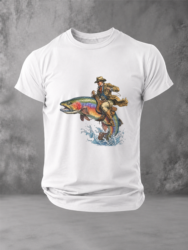 Vintage Cowboy Riding Trout Funny Western Fishing T-Shirt